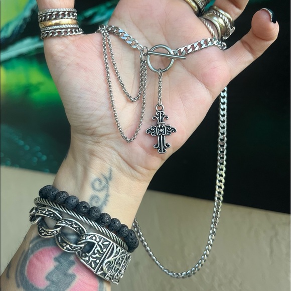 Cuban chain stainless steel with dangly cross gothic charm choker necklace set - Picture 3 of 12
